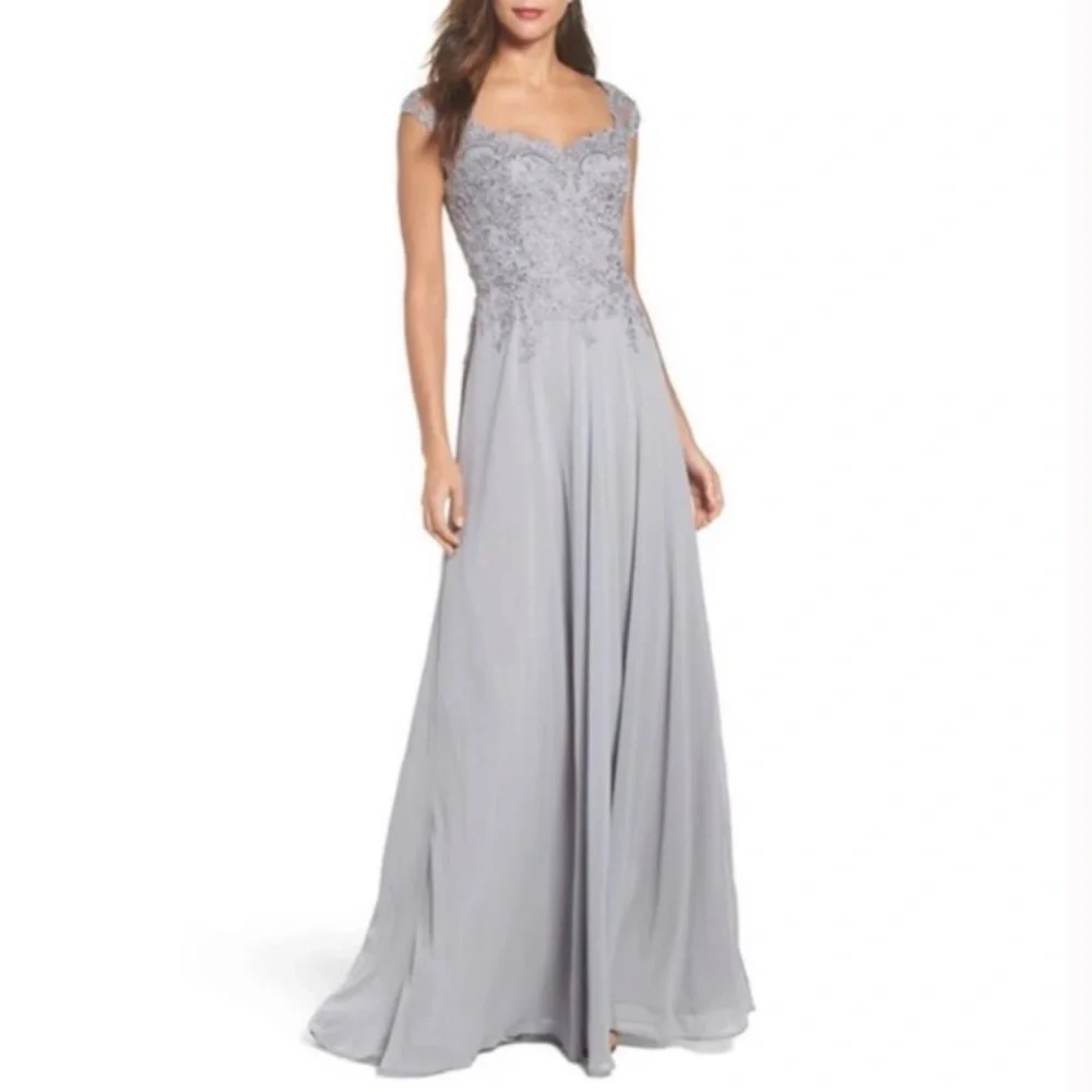 La Femme gray floral maxi dress- mother of the bride prom formal ball gown